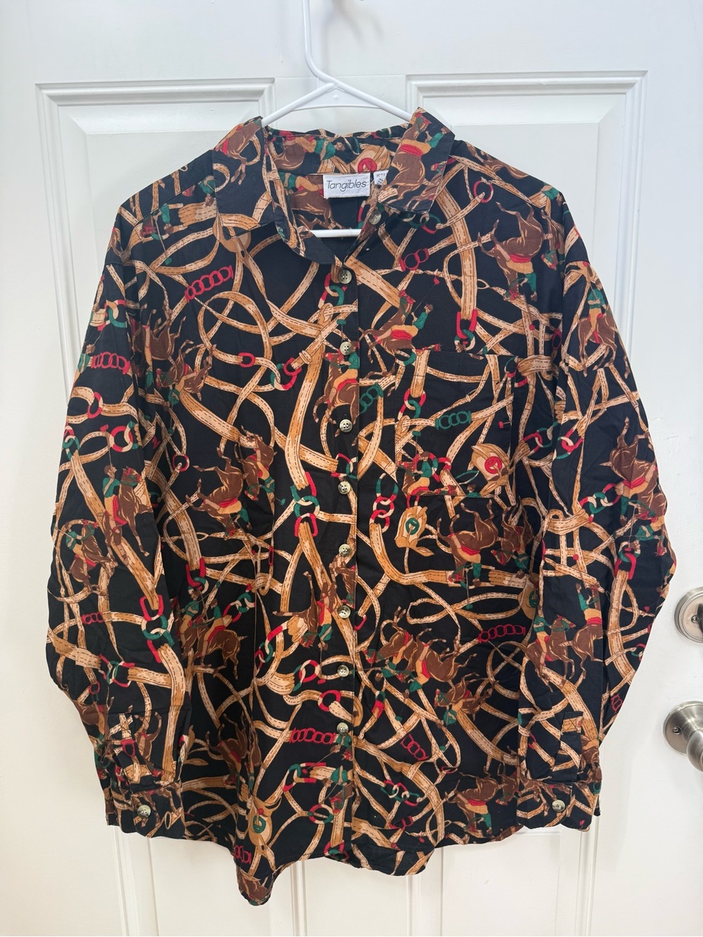Vintage Equestrian Black Button-Down Shirt with Brown Rope & Red-Green Accents